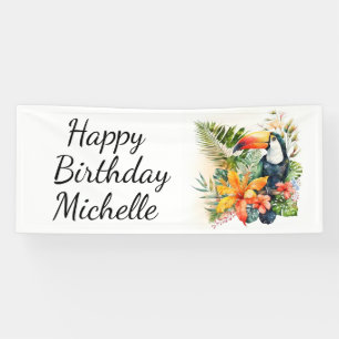 Banderoles Tropical Floral Toucan Joyeux Anniversaire Nom