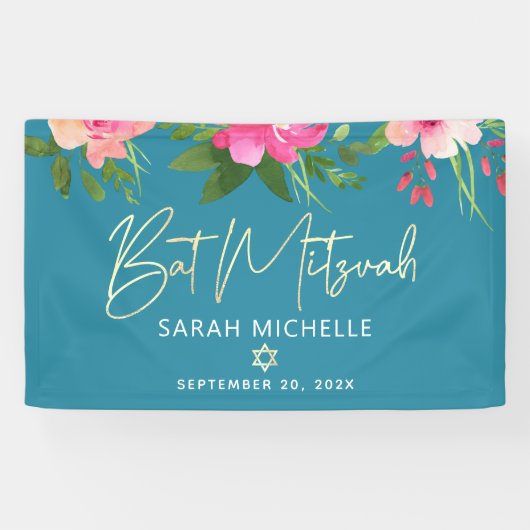 Banderoles Turquoise Bar Mitzvah Rose Floral Or Rose script g (Horizontal)