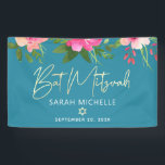 Banderoles Turquoise Bat mitzvah rose Floral or Script Bold<br><div class="desc">Fier d’accueillir tous les invités de la fête Bat mitzvah de votre fille ! Accrochez cette étonnante bannière moderne, élégante et personnalisée pour ajouter à sa journée spéciale. Aquarelle florale chic, étonnante, rose et pêche avec typographie de faux script de feuille d'or, Star of David et blanc sans serif type...</div>