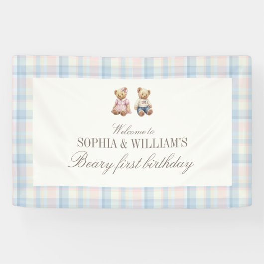 Banderoles Twins Beary First Teddy Bear Birthday Banner (Horizontal)