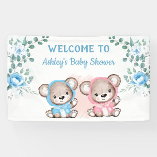 Banderoles Twins Rose Bleu Ours Floral Baby shower personnali