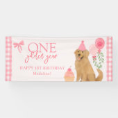 Banderoles Un an d'or Chiot Retriever Anniversaire Rose (Horizontal)