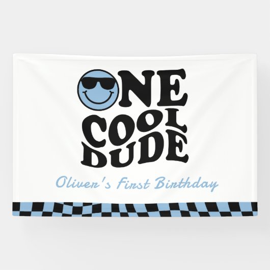 Banderoles Un Cool Dude Wavy Blue Smile Face 1er anniversaire (Horizontal)