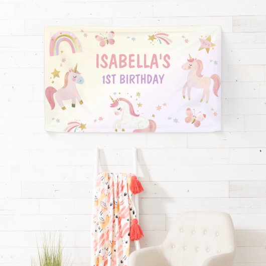 Banderoles Unicorn Rainbow Pastel Premier anniversaire (En situation)