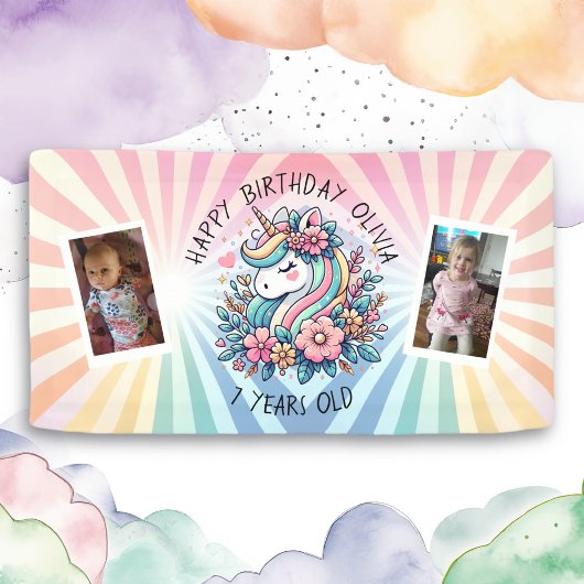 Banderoles Unicorne et fleurs rose et or magique Anniversaire