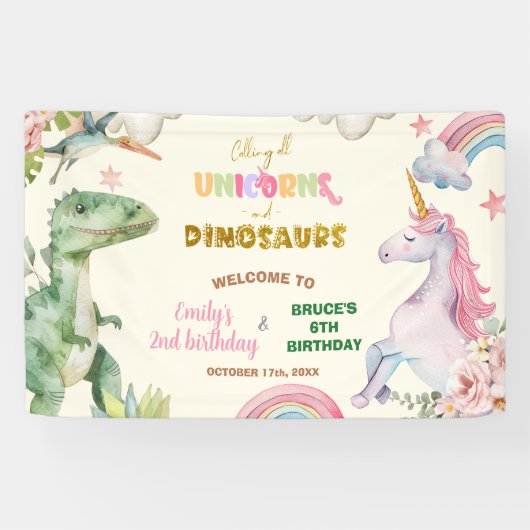 Banderoles Unicorns and Dinosaurs Joint Sibling Welcome Sign (Horizontal)