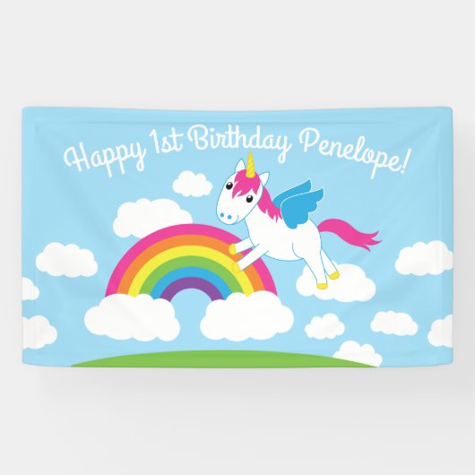 Banderoles Unicorns & Rainbows Mignonne 1er anniversaire Thèm (Horizontal)