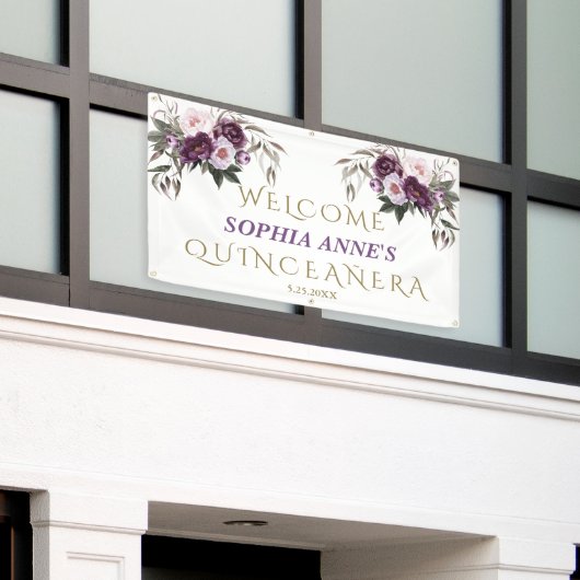 Banderoles Unique rose violet Floral Quinceañera Affiche de b (Bâtiment extérieur)