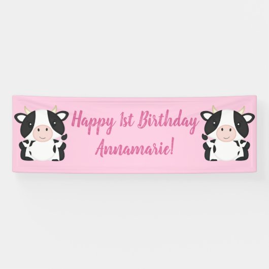 Banderoles Vache fête d'anniversaire rose (Horizontal)