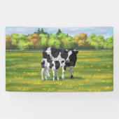Banderoles Vache Holstein et veau mignon en pâturage d'été (Horizontal)