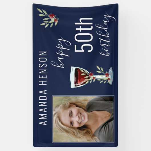 Banderoles Vin rouge Rose Aquarelle bleu photo 50e anniversai (Vertical)