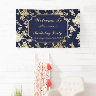Banderoles Vintage Marine Blue Gold Floral 40e anniversaire