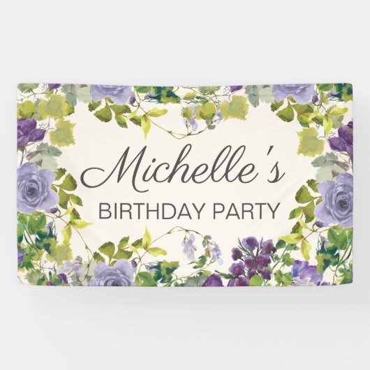 Banderoles Violet Floral Vert Feuille Anniversaire féminin (Horizontal)