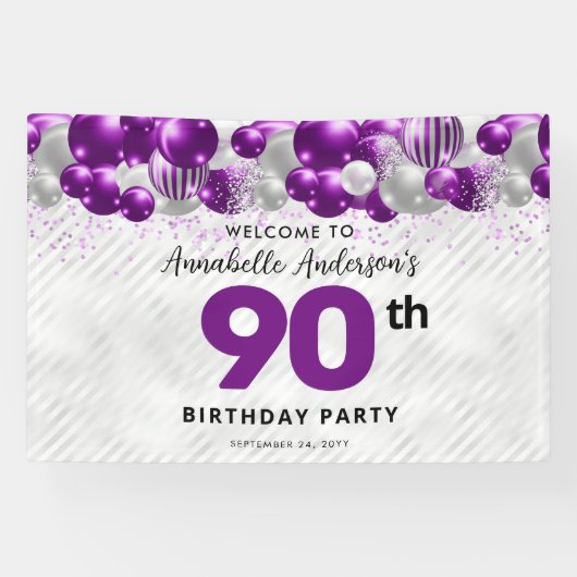 Banderoles Violet violet Ballons d'argent Bienvenue 90e anniv (Horizontal)