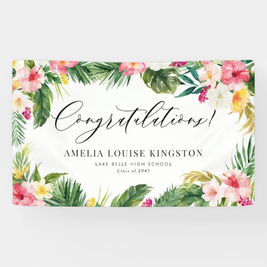 Banderoles Watercolor Tropical Floral Frame Graduation Party (Horizontal)