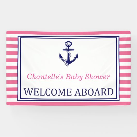 Banderoles Welcome Aboard - Sign - Pink Navy Nautical (Horizontal)