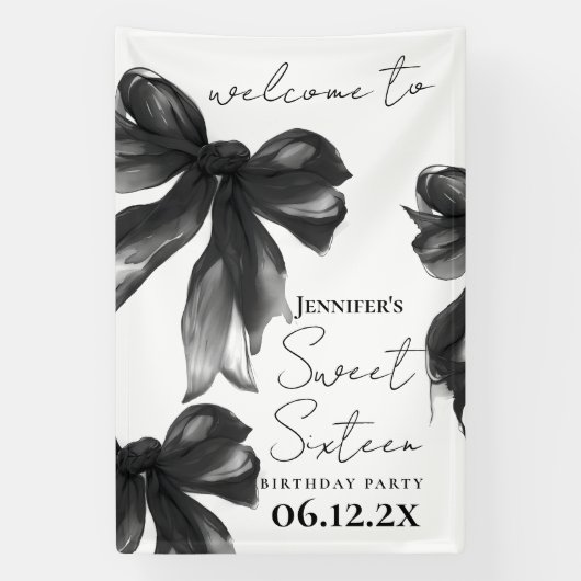 Banderoles Welcome Black Bow Coquette Script Sweet 16 Party (Verticale)