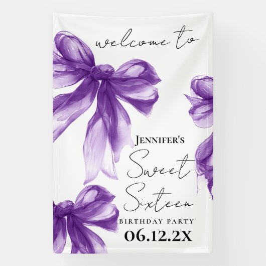 Banderoles Welcome Purple Bow Coquette Script Sweet 16 (Verticale)