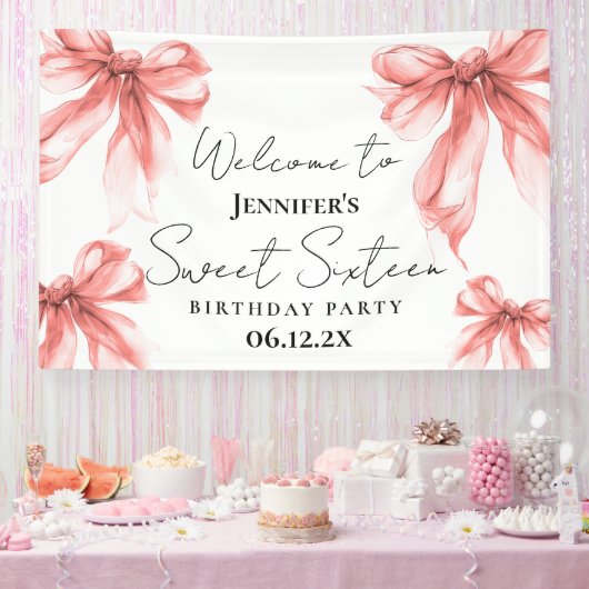 Banderoles Welcome Rose Gold Bow Coquette Script Sweet 16 (Fête)