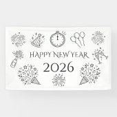 Banderoles Whimsical Doodles Black Text Happy New Year 2026 (Horizontal)