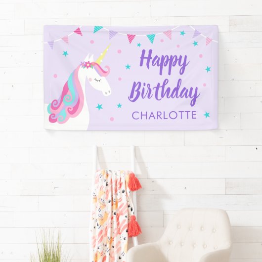 Banderoles Whimsical Rainbow Unicorn Purple Joyeux anniversai (En situation)