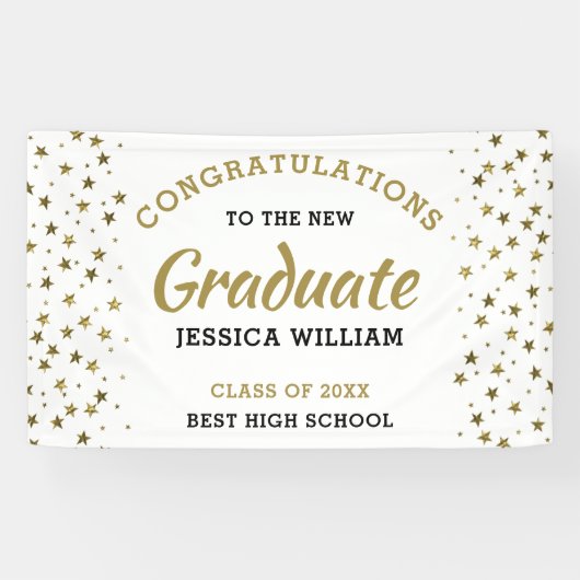 Banderoles White And Gold Stars Congrats Grad Grad Graduation (Horizontal)