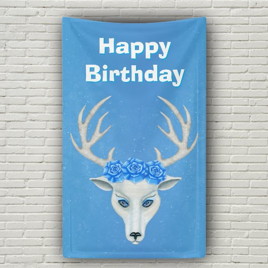 Banderoles White Deer Head Large Antlers Blue Roses Anniversa