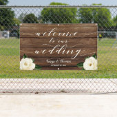 Banderoles White Peony Calligraphy Wood Welcome Notre Mariage (En situation)