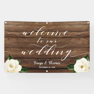 Banderoles White Peony Calligraphy Wood Welcome Notre Mariage