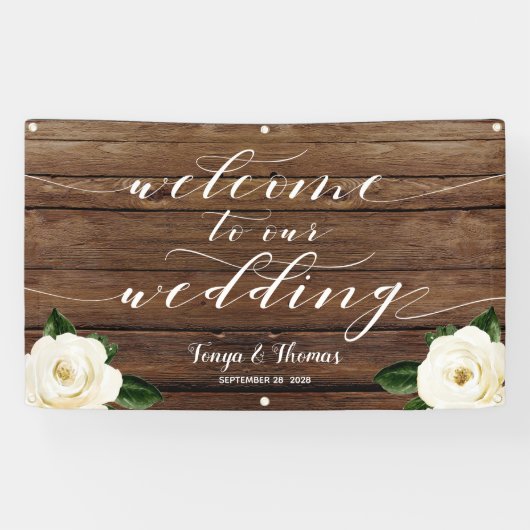 Banderoles White Peony Calligraphy Wood Welcome Notre Mariage (Horizontal)