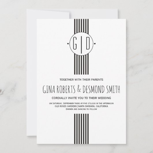 Bandes blanches noires, faire-part de mariage mono (Devant)