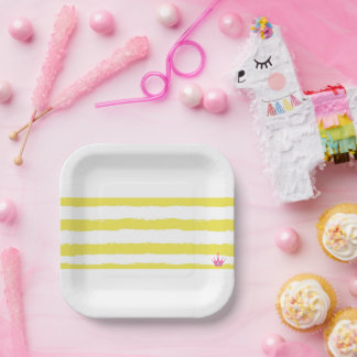 Bandes jaunes et couronne rose Assiette en papier