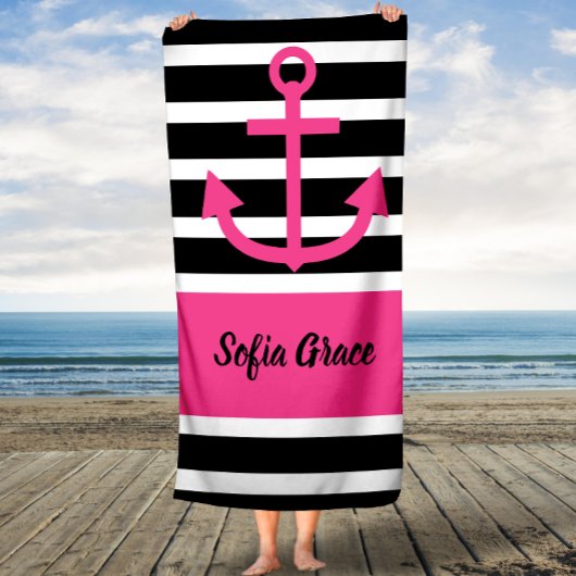 Bandes noires Ancre rose Nom du script Serviette d