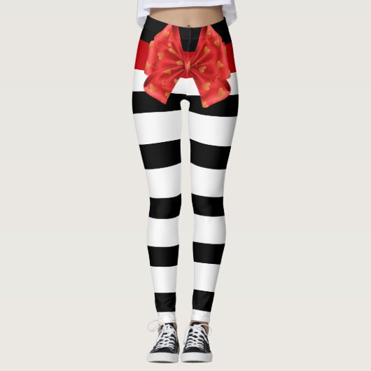 Bandes noires et blanches Leggings de la Bow rouge (Devant)