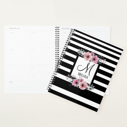Bandes noires et blanches Monogramme floral rose (Devant avec enveloppe)
