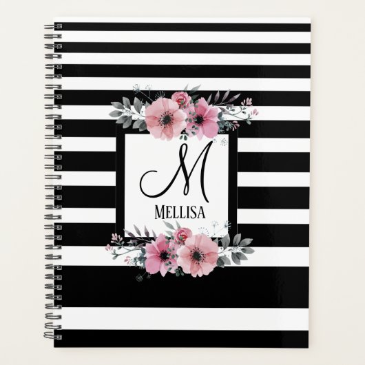 Bandes noires et blanches Monogramme floral rose (Devant)