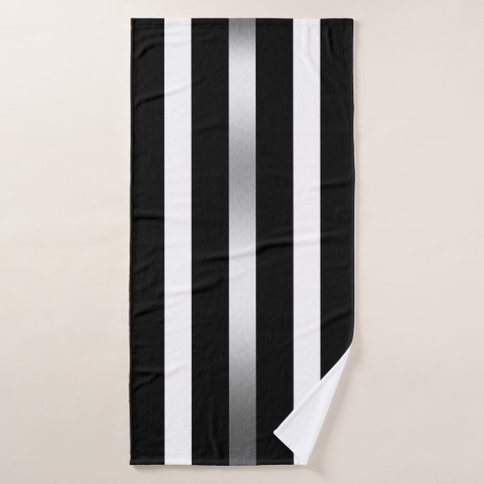 Bandes verticales en noir et blanc, accents argent (Serviette de bain)