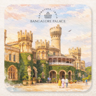Bangalore Paleis India Aquarel Reis Herinnering Vierkante Kartonnen Onderzetter