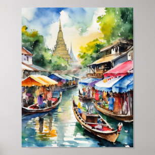 Bangkok drijvende markten Thailand Waterverf Poster