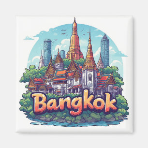Bangkok Reisillustratie Met Gouden Tempels Magneet