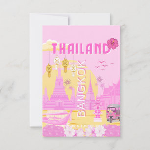 Bangkok Thailand Reisposter Roze Retro Kunst Bedankkaart