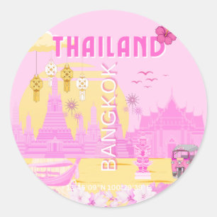 Bangkok Thailand Reisposter Roze Retro Kunst Ronde Sticker