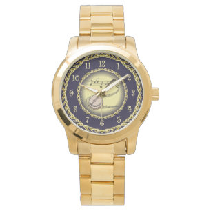 Banjo ~ Musical Scroll ~ Gold/Navy Blue ~ Watch Horloge