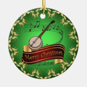 Banjo ~ Musical Scroll ~ Merry Kerst~ * ~ Keramisch Ornament