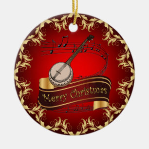 Banjo ~ Musical Scroll ~ Merry Kerst~ * ~ Keramisch Ornament