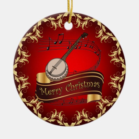 Banjo ~ Musical Scroll ~ Merry Kerst~ * ~ Keramisch Ornament (Voorkant)
