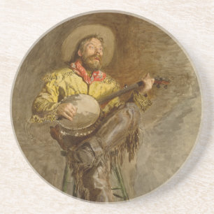 Banjo spelende Ranchero zingende cowboy in het oud Zandsteen Onderzetter