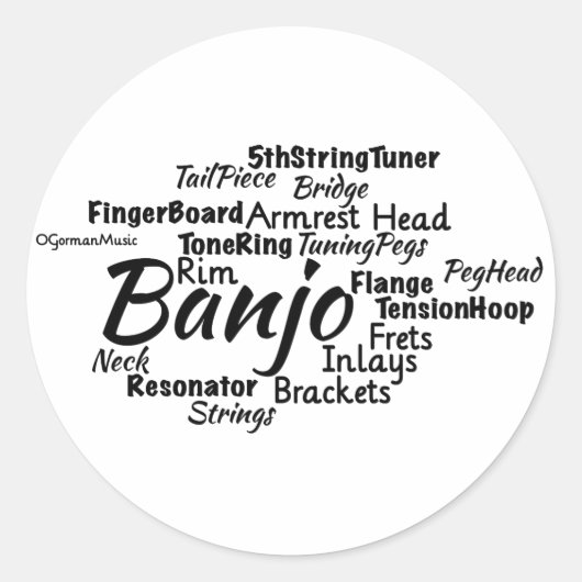 Banjo Word Cloud Zwart Tekst Ronde Sticker (Voorkant)