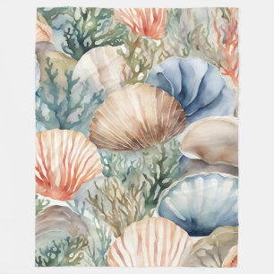Banket Beige Blue Coral Seashells Coastal Sealife Fleece Deken