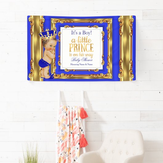 Banner Prince Baby shower Royal Blue Gold Brunette (Insitu)